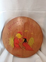 Vintage Japanese BURGER PRESS Hand Painted Hinged Wooden Red Green Roosters