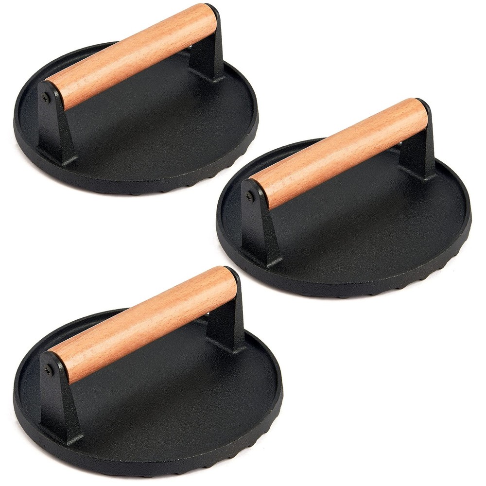 3pcs Grill Press 7 Inch Round Heavy Duty Cast Iron Burger Press With Wood Handle