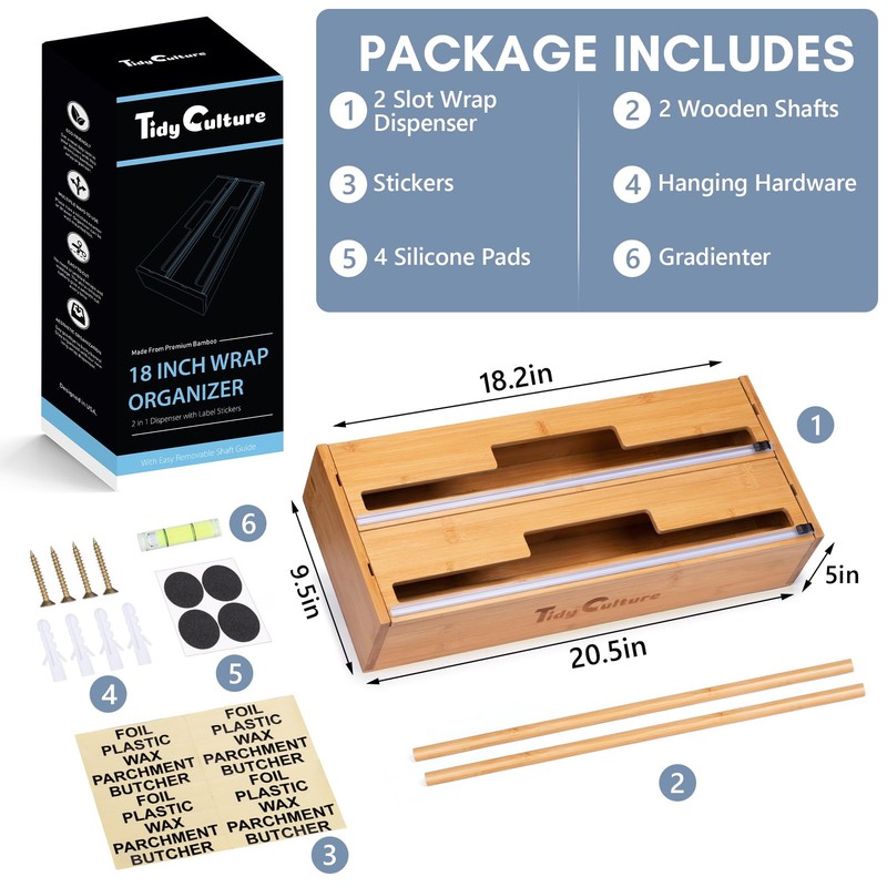 TidyCulture 18 Inch Large Foil Wrap Dispenser with Cutter, 2 in Long, Bamboo gallery