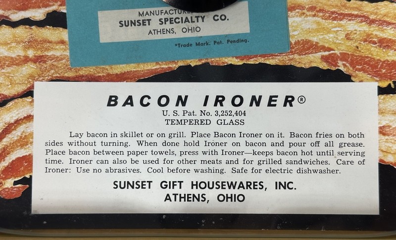Vintage Bacon Ironer 9" Square Tempered Glass Sunset Specialty Co USA Press NIB gallery