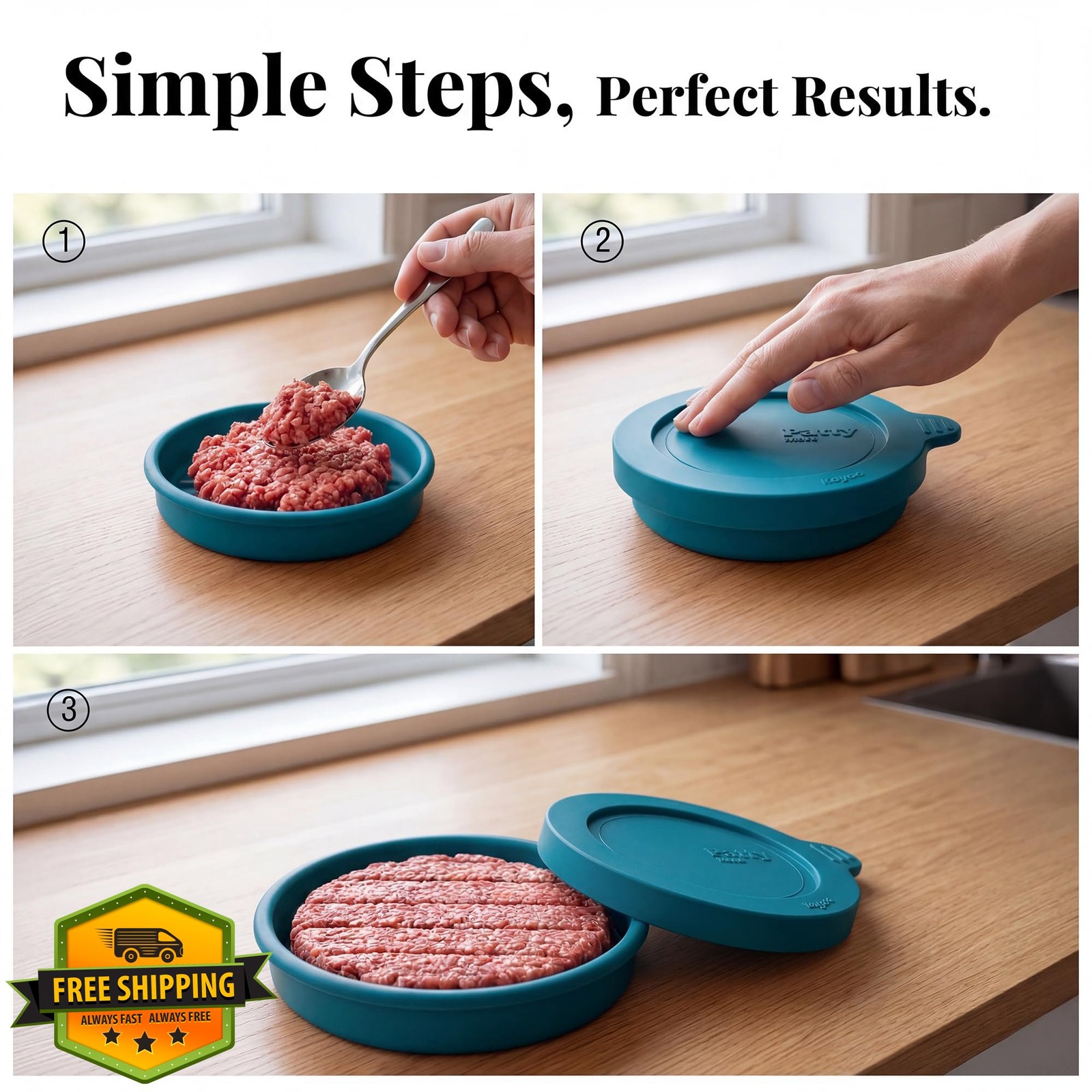 kayaso 4pk Cool Blue Silicone Burger Patty Mold with Lid Freezer gallery