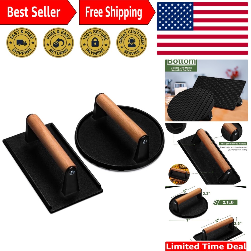 Heavy-Duty Cast Iron Burger Press - 7" Round & 8.2" Rectangle for Perfect Meats