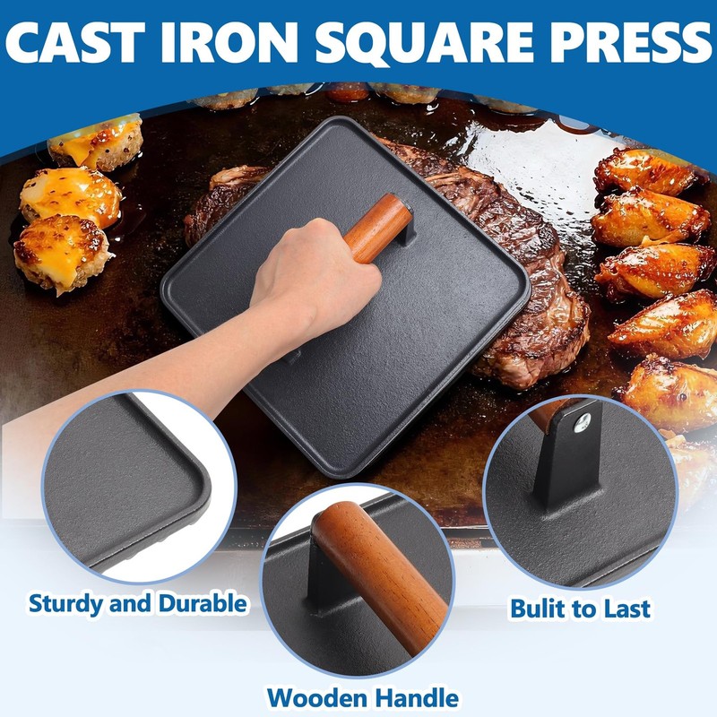 Bacon Press 10" Square & 7" Round Heavy Duty Cast Iron - Perfect for Smashed gallery