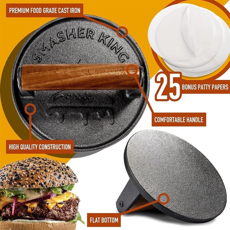 Effortless Patty Making: Cast Iron Burger Press with 25 Sheets for Easy Release gallery