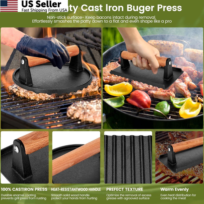 Whaleme Smashed Burger Press, 7” Round Heavy-Duty Cast Iron Round, BLACK gallery