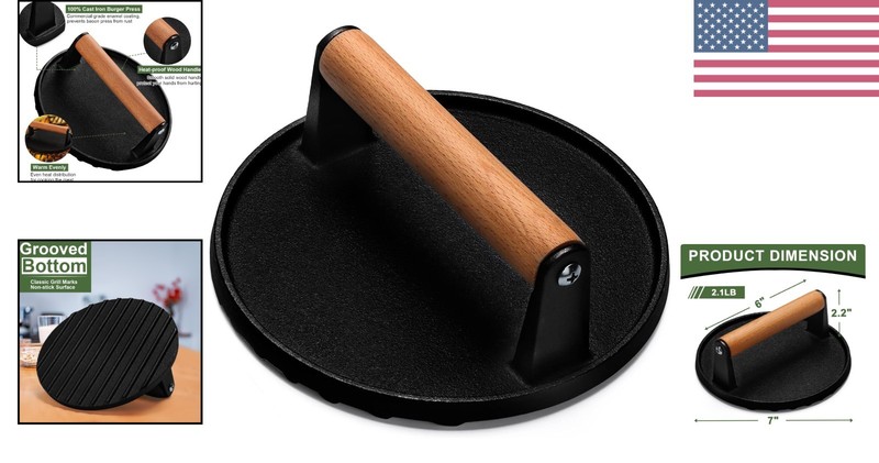Heavy-Duty 7" Cast Iron Smash Press for Delicious Grilled Burgers and Sandwiches gallery
