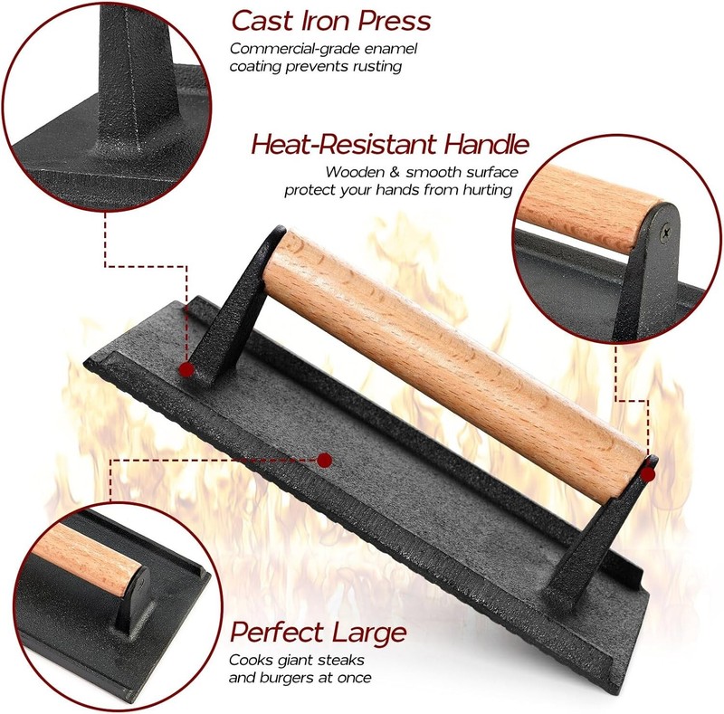 2 Pack Cast Iron Burger Press Smash Set Rectangle Round Griddle Bacon Tool gallery
