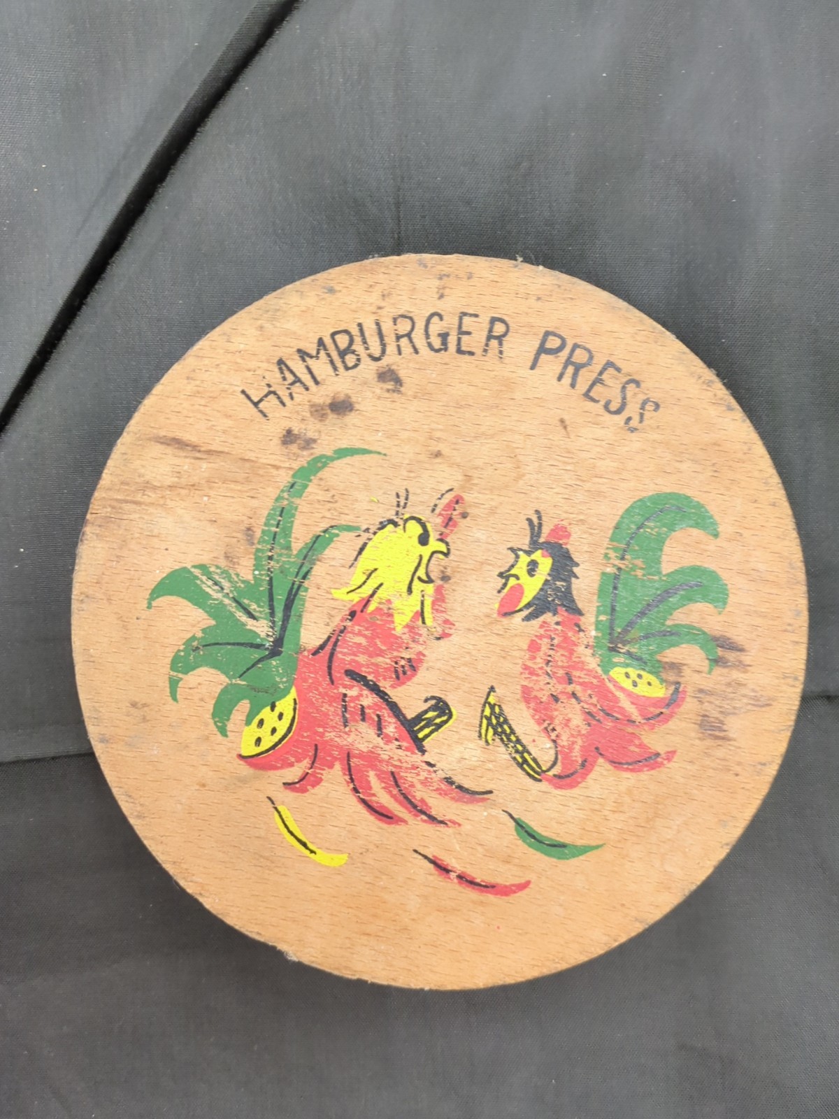 Vintage Wooden Hamburger Press Two Fighting Roosters Chickens Multi Color 5.5” gallery
