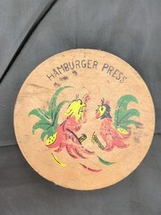 Vintage Wooden Hamburger Press Two Fighting Roosters Chickens Multi Color 5.5”