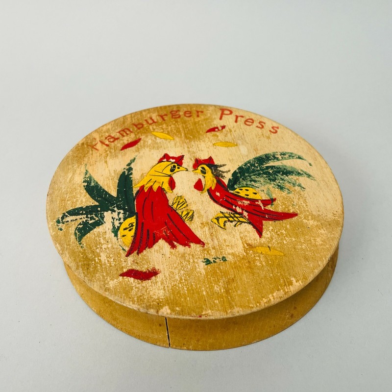 Vintage 50s 60s MCM Cragstan Hand Painted Roosters Wood Hamburger Press Japan gallery