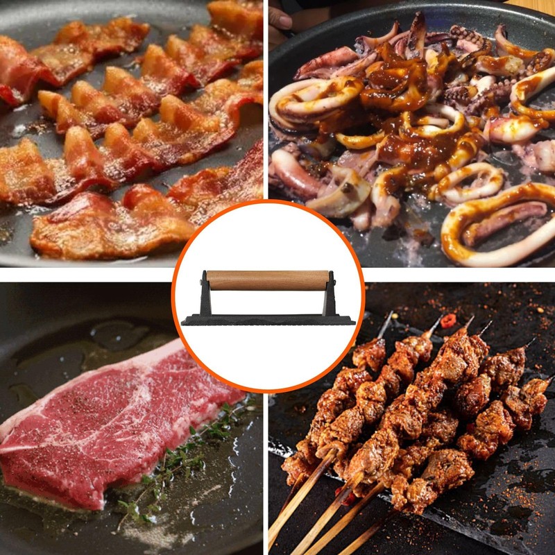 Cast Iron Grill Press Bacon Burger Meat Flattener Wood Handle 8.1x4.2in gallery