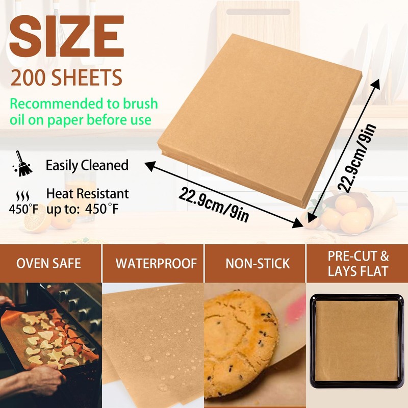Tikxlafe 200 Pcs 9x9 Inch Parchment Paper Sheets, Precut 9"x9"-200pcs, Brown gallery