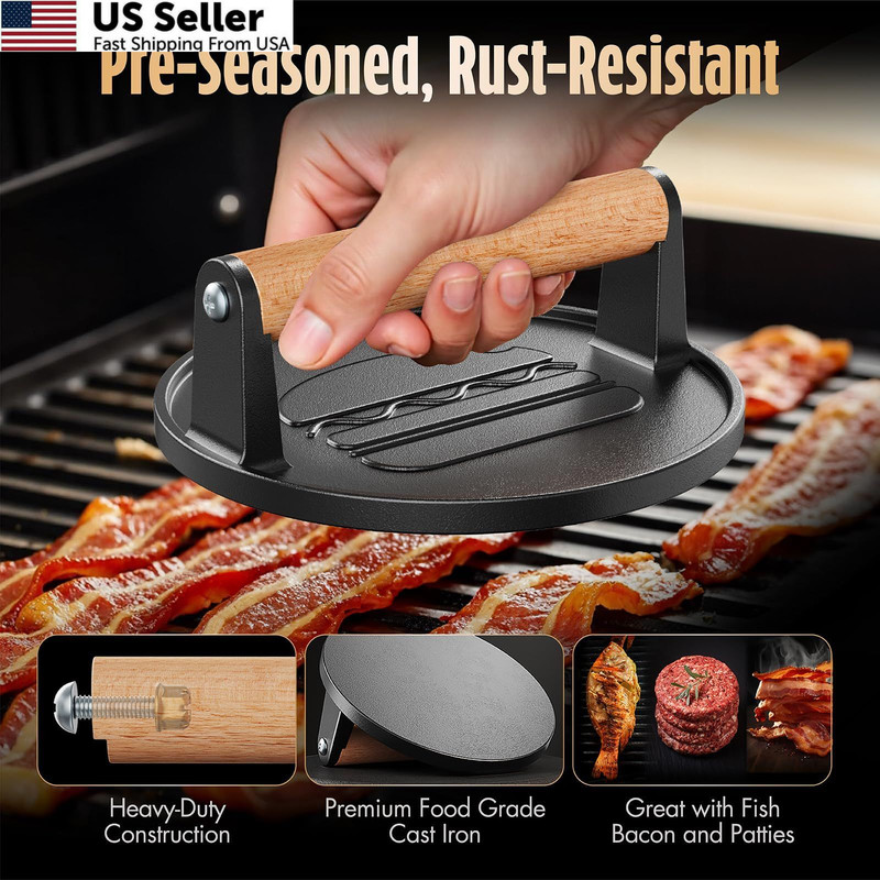 Pisol Smash Burger Press, Pre-Seasoned Cast Iron Hamburger Smasher, 2 Round gallery