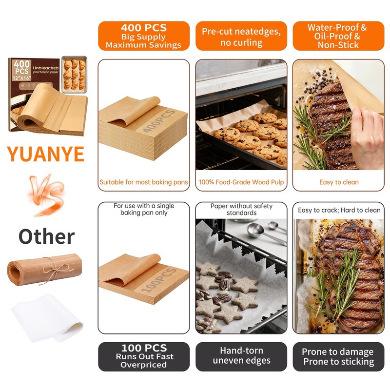 YUANYE 400PCS Parchment Paper Baking Sheets, 12"x16" 12x16In, Brown gallery