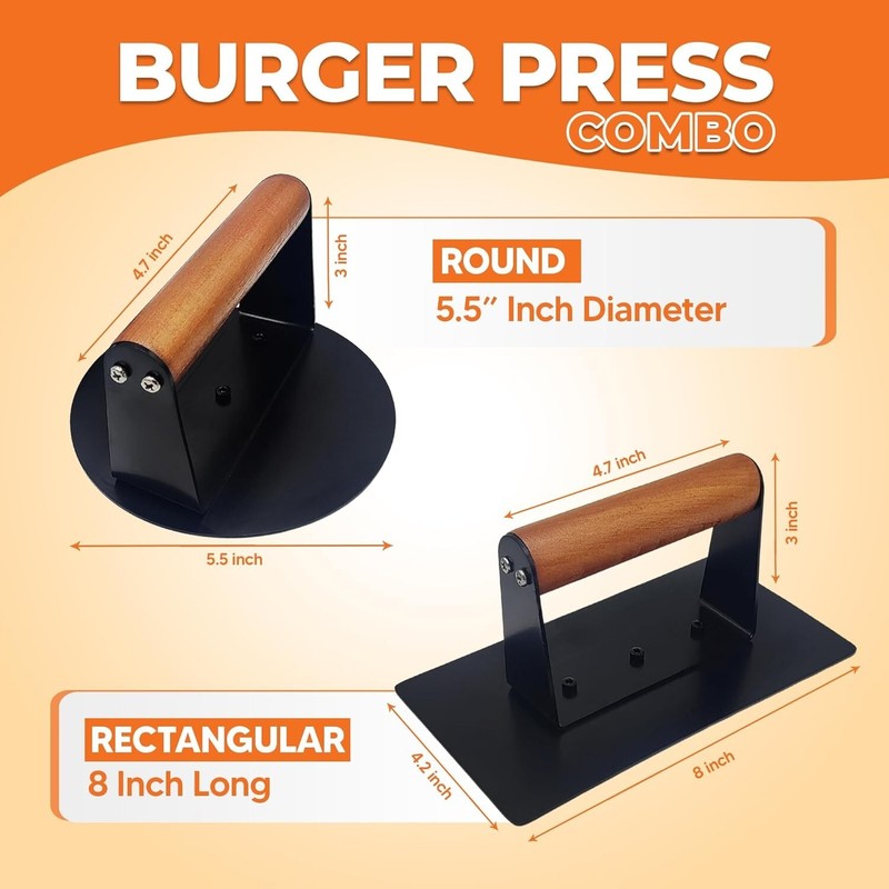 2Pcs Burger Press With Wooden Handle-5.5" Round & 8.03x4.2" Rectangle Meat Press gallery