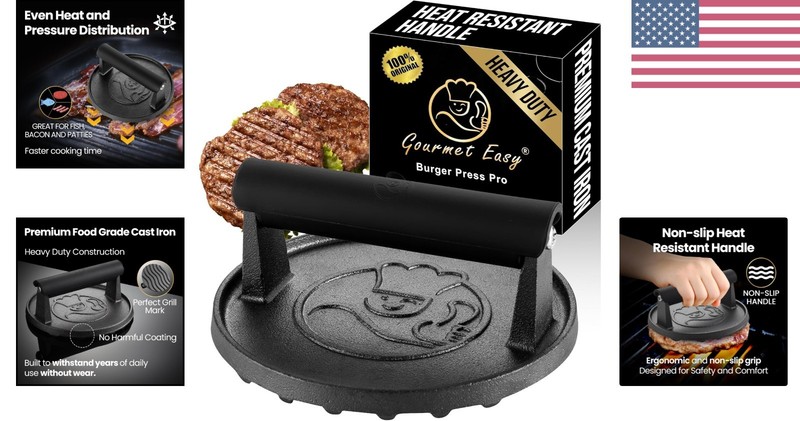 Easy-Clean 2 lb Cast Iron Burger Smasher with Giftable Packaging for BBQ Lovers gallery