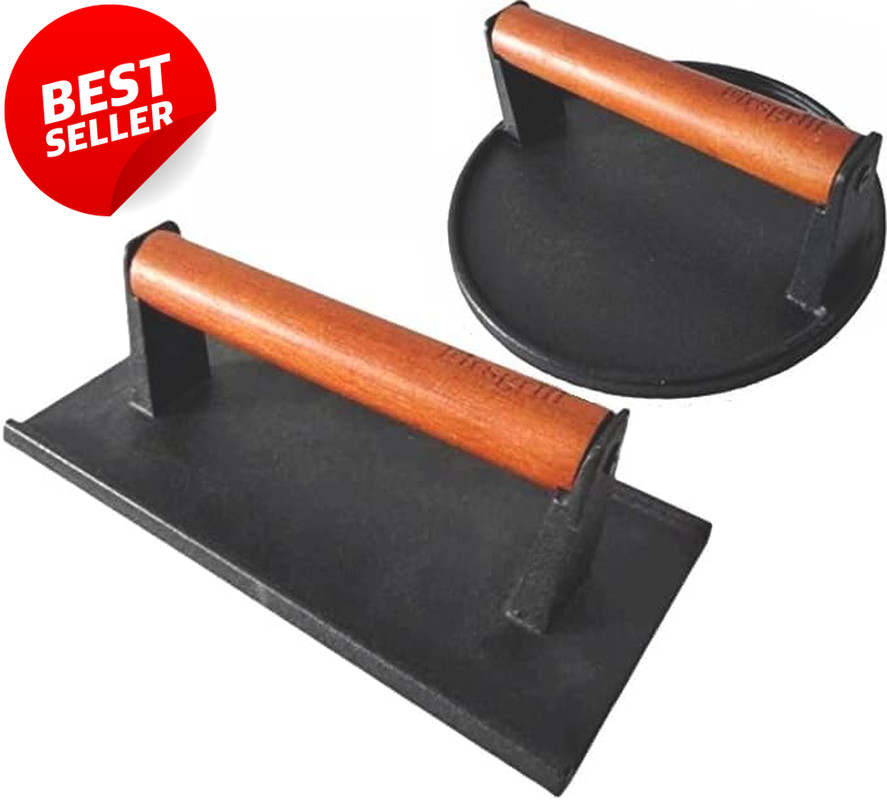 Heavy Duty Cast Iron Burger Press Set Round Rectangle Flat Bottom Grill - US gallery