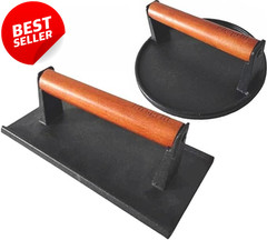 Heavy Duty Cast Iron Burger Press Set Round Rectangle Flat Bottom Grill – US