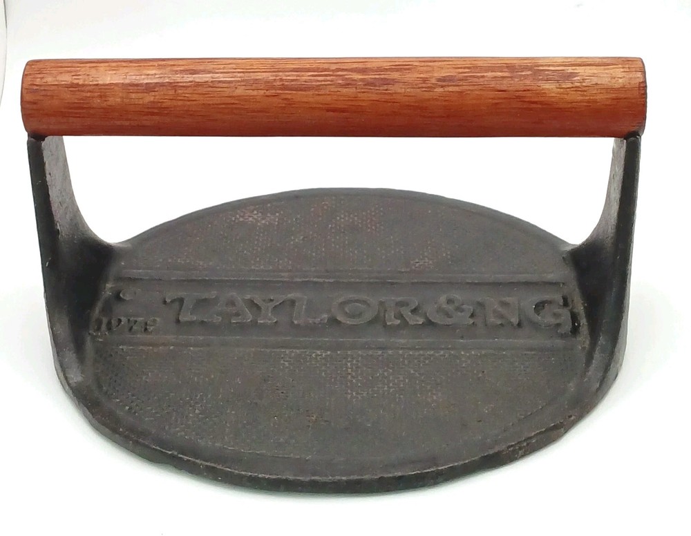 Vintage 1979 Taylor & NG Cast Iron Bull Press W/ Handle Grilling Hamburger Oval