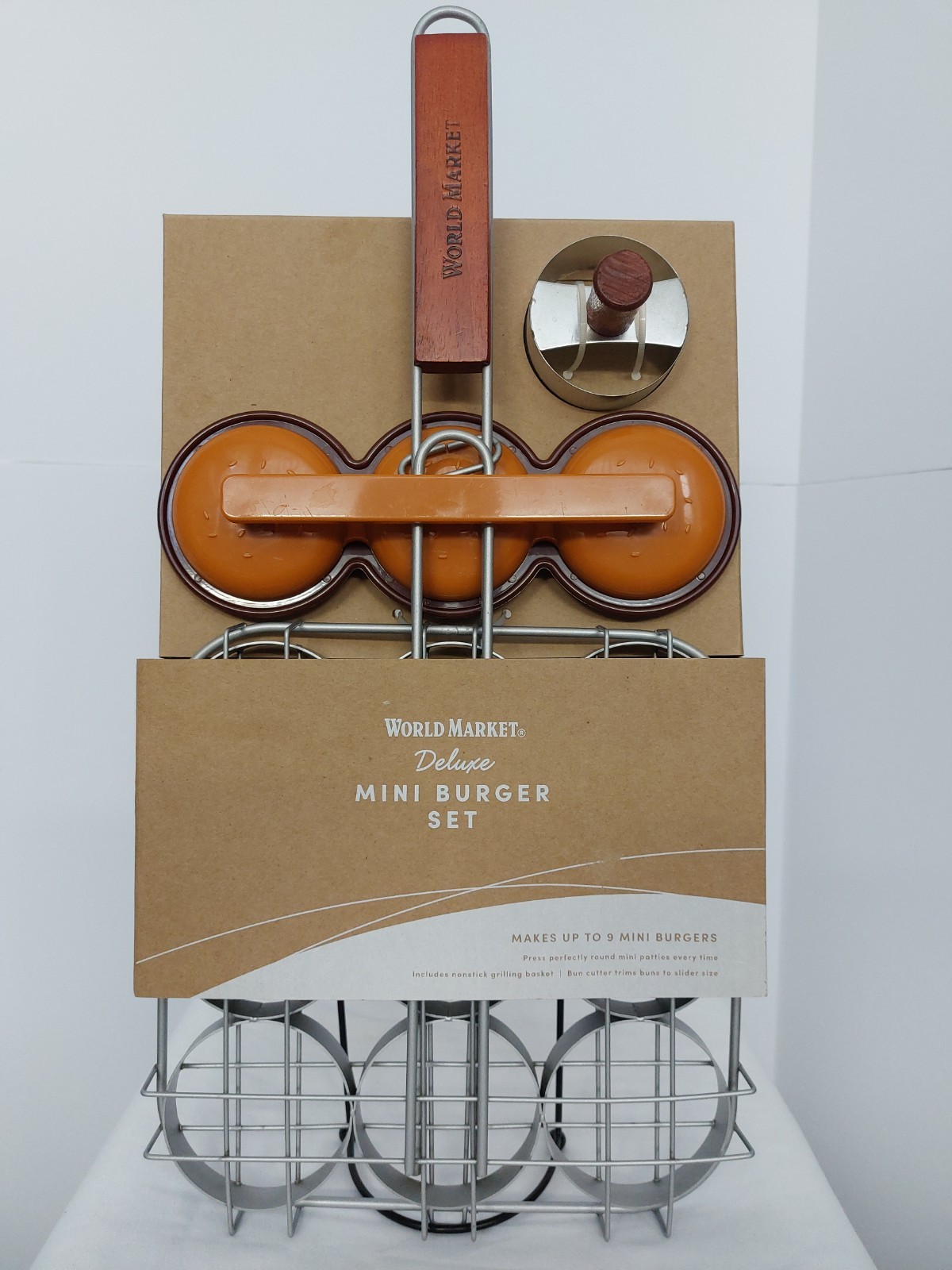 World Market Mini Burger Slider Set Press Basket Bun Cutter Grilling Kit NEW gallery