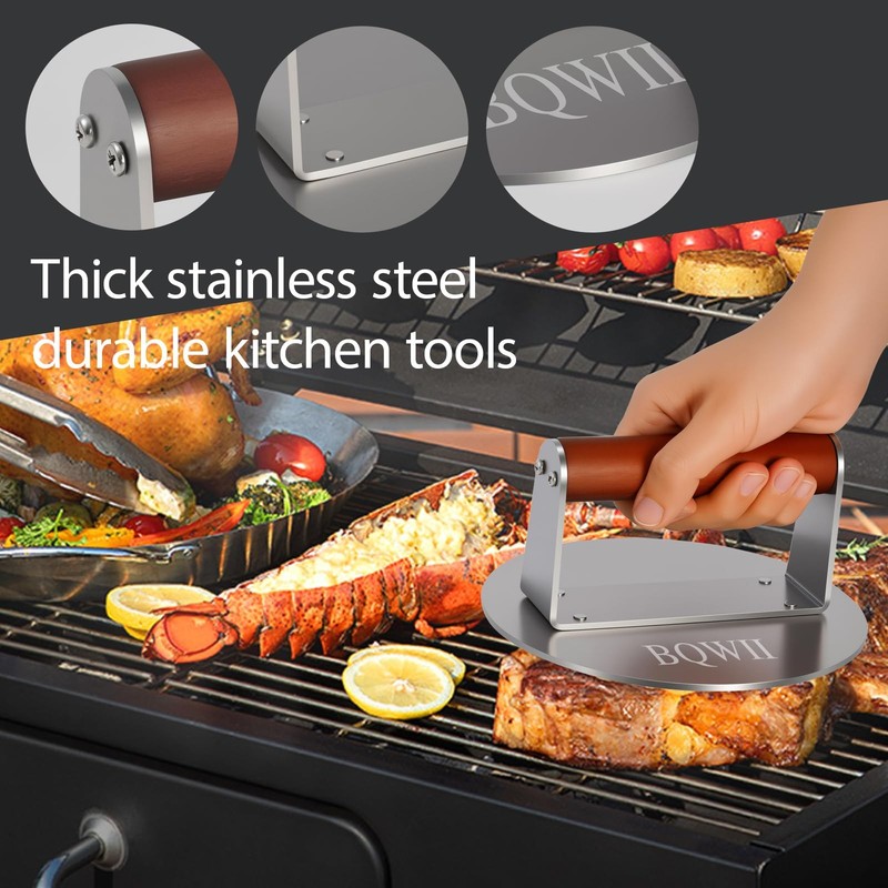 Burger Press Round Stainless Steel Meat Patty Maker Wood Handle 6.3 Inch gallery
