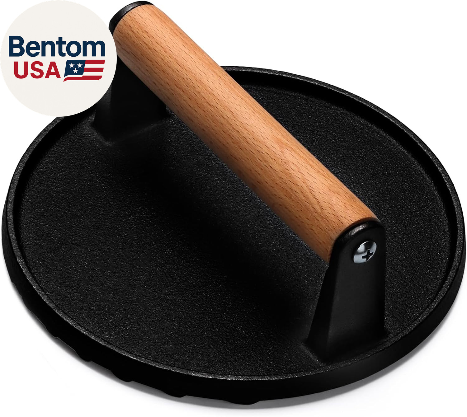 Burger Press, 7" round Heavy-Duty Cast Iron Smash Bacon Press Meat Steak with Wo gallery