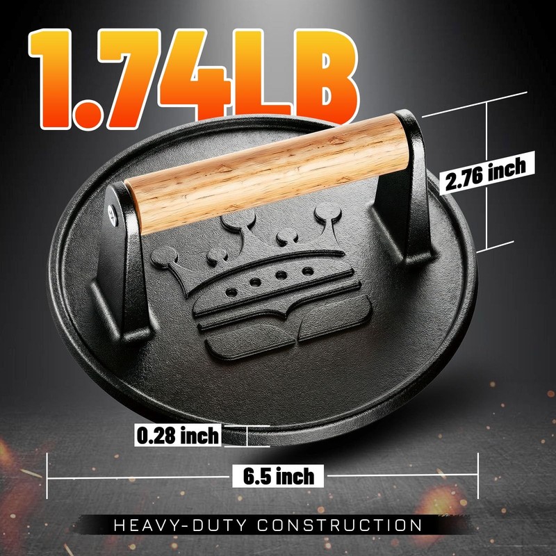 Smash Burger Press 6.5”,Cast Iron Flat Round Edge Grill/Bacon/Meat/Hamburger/... gallery