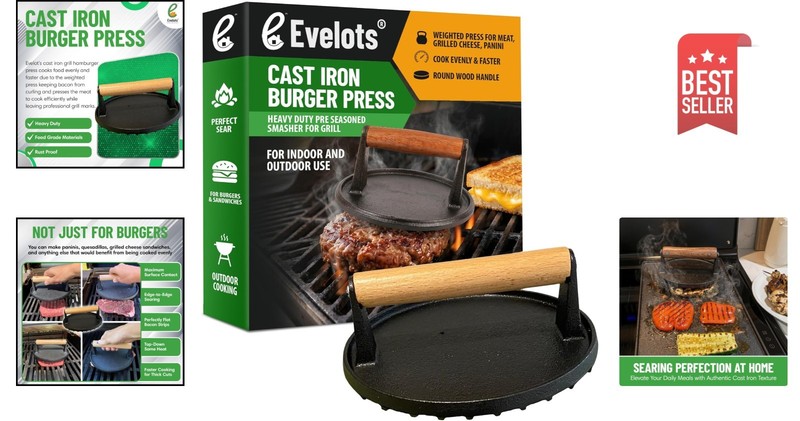 Weighted Cast Iron Burger Press - Cook Food Evenly & Faster for Perfect Grilling gallery