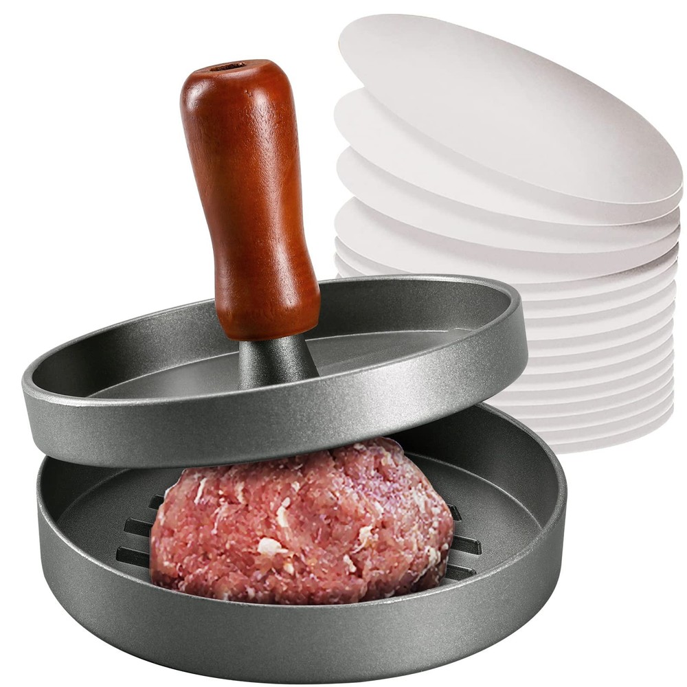 Burger Press Patty Maker Stainless Steel Hamburger Patty Press Mold Wood Handle
