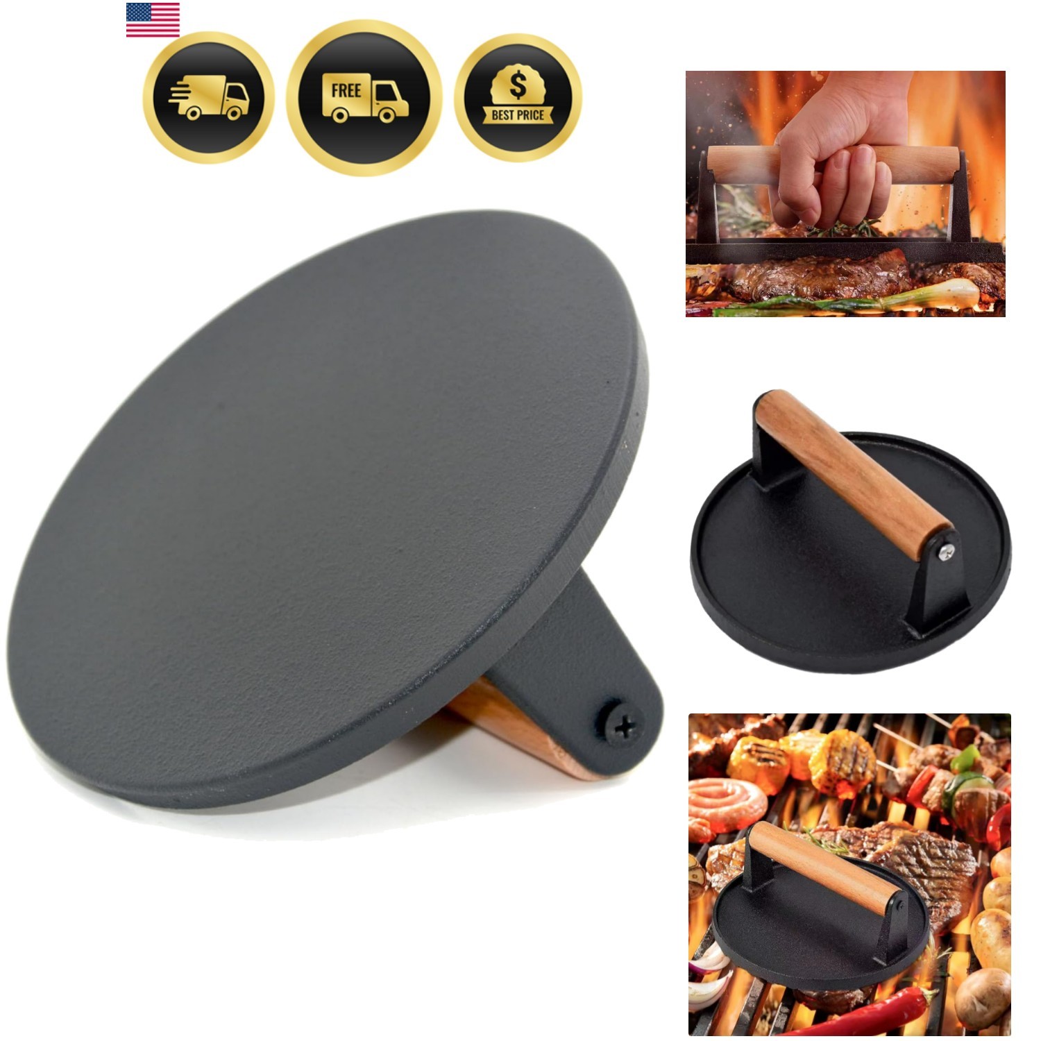 Round Cast Iron Smash Burger Press with Anti-Scald Wood Handle for Grilling gallery