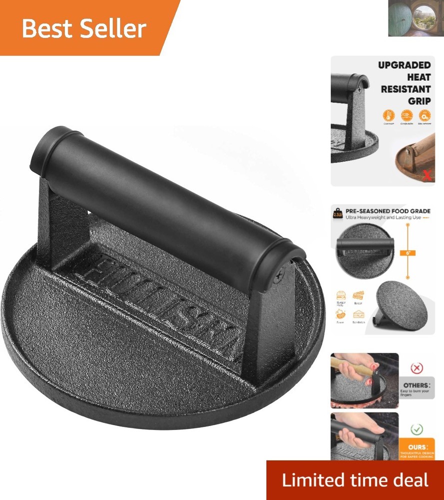 Heavy Duty 6” Pre-Seasoned Cast Iron Burger Press with Heat Resistant Handle