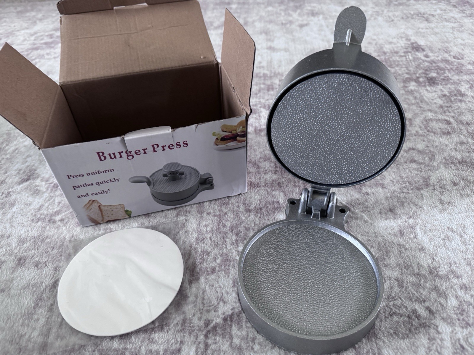 Adjustable Aluminum Burger Press Patty Maker 1/4lb to 3/4lb - Includes Papers gallery