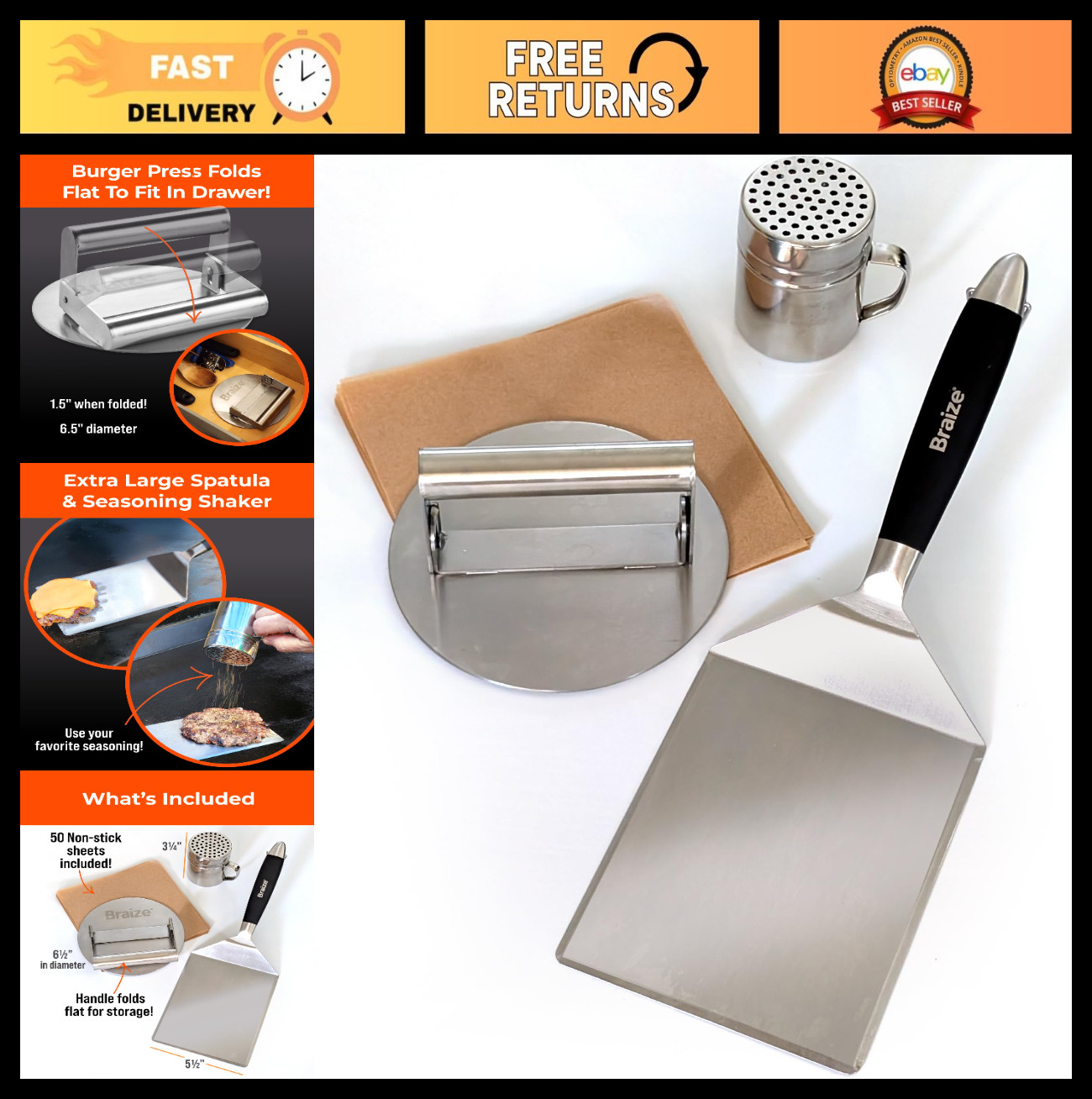 Heavy Duty Burger Press Kit - 6.5" Stainless Steel Smasher Tool for Griddles & P gallery