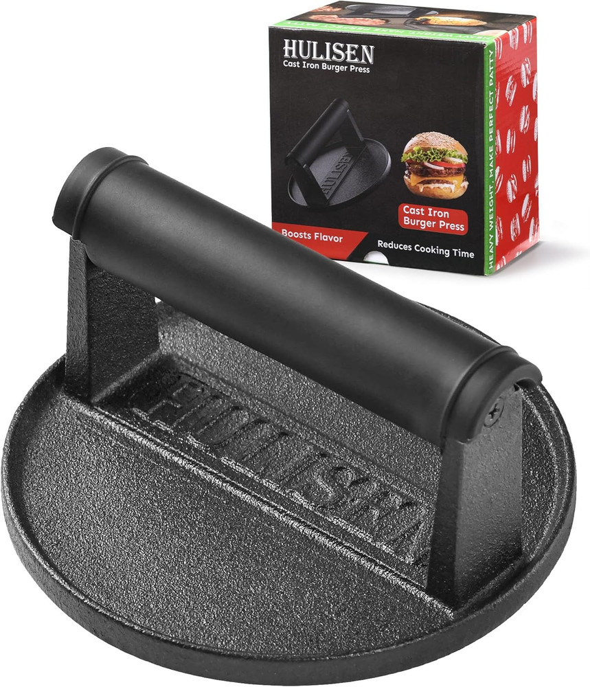 Pre-Seasoned Cast Iron Burger Press, Heavy Duty 6” Burger Smasher for Griddle wi