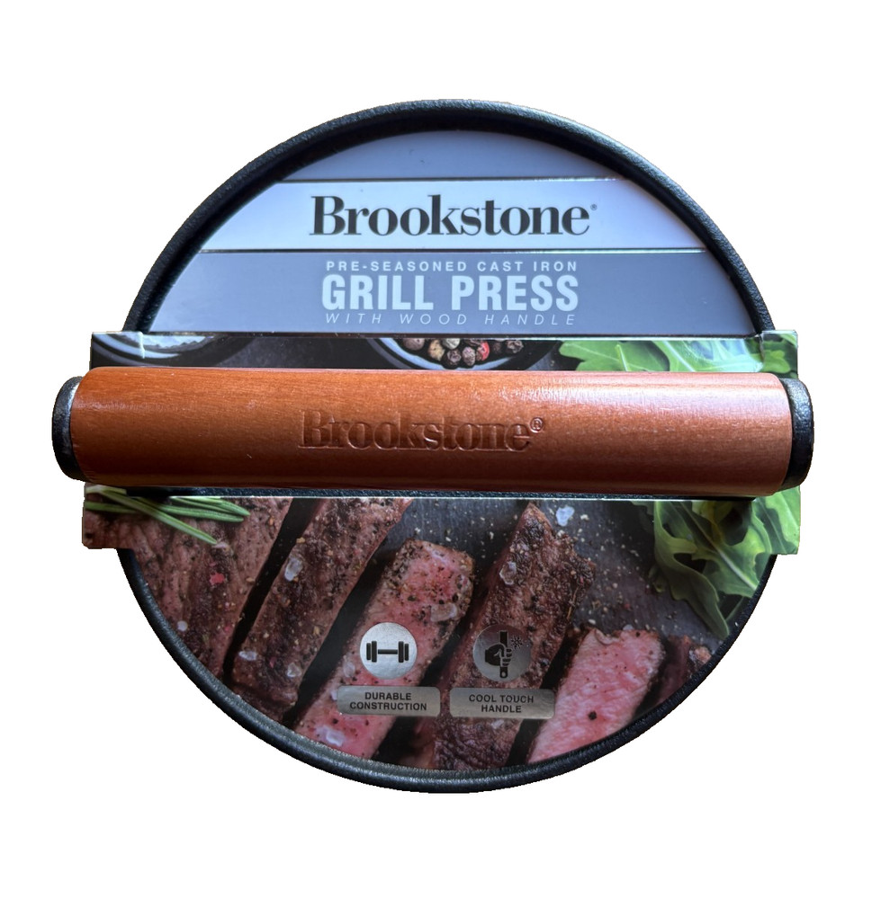 Brookstone Cast Iron Grill Press w/ Wood Handle Pre-Seasoned Steak Burger Press