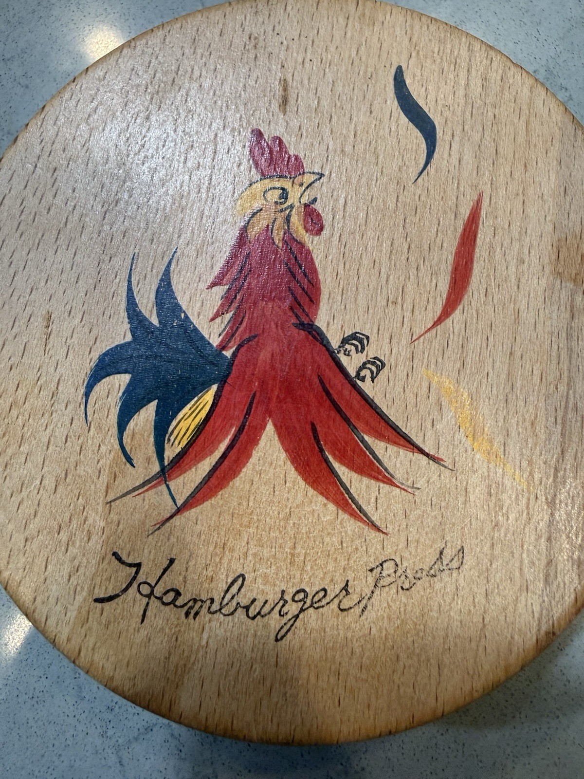 vintage wooden rooster hamburger press, lfrom 1950 and made in Japan. gallery