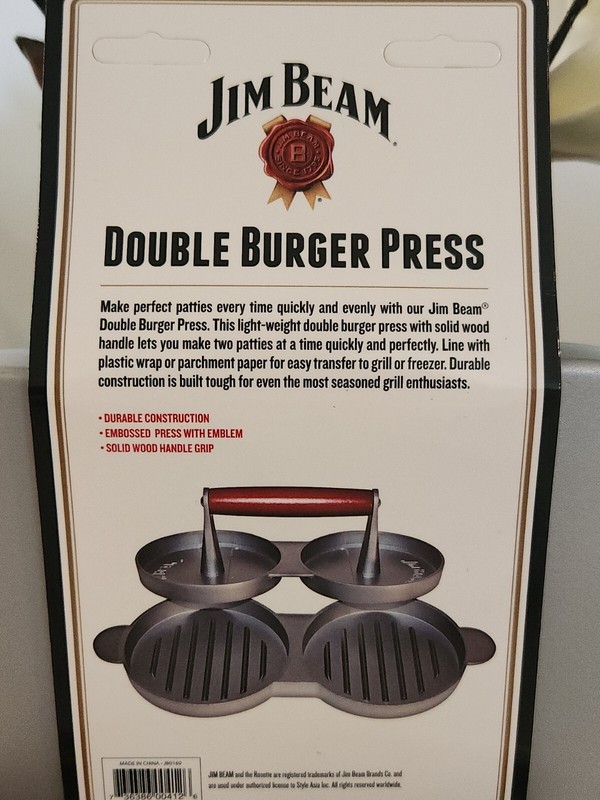 NEW Jim Beam Double Burger Press Light Weight Wood Handles Embossed Beef Patty gallery