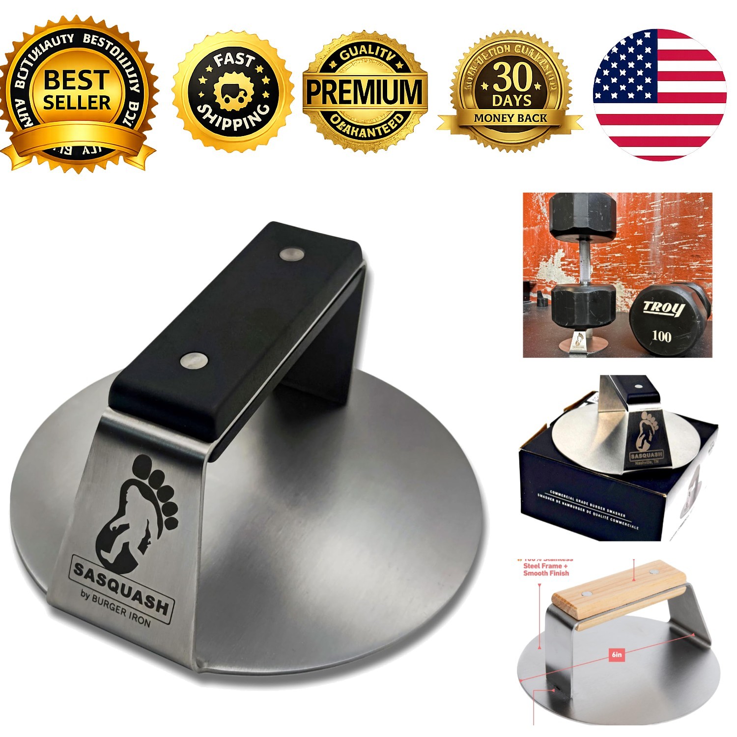 Sasquash Smash Burger Press, Heavy Duty Welded Meat Press Round, 6 Inch Stain... gallery