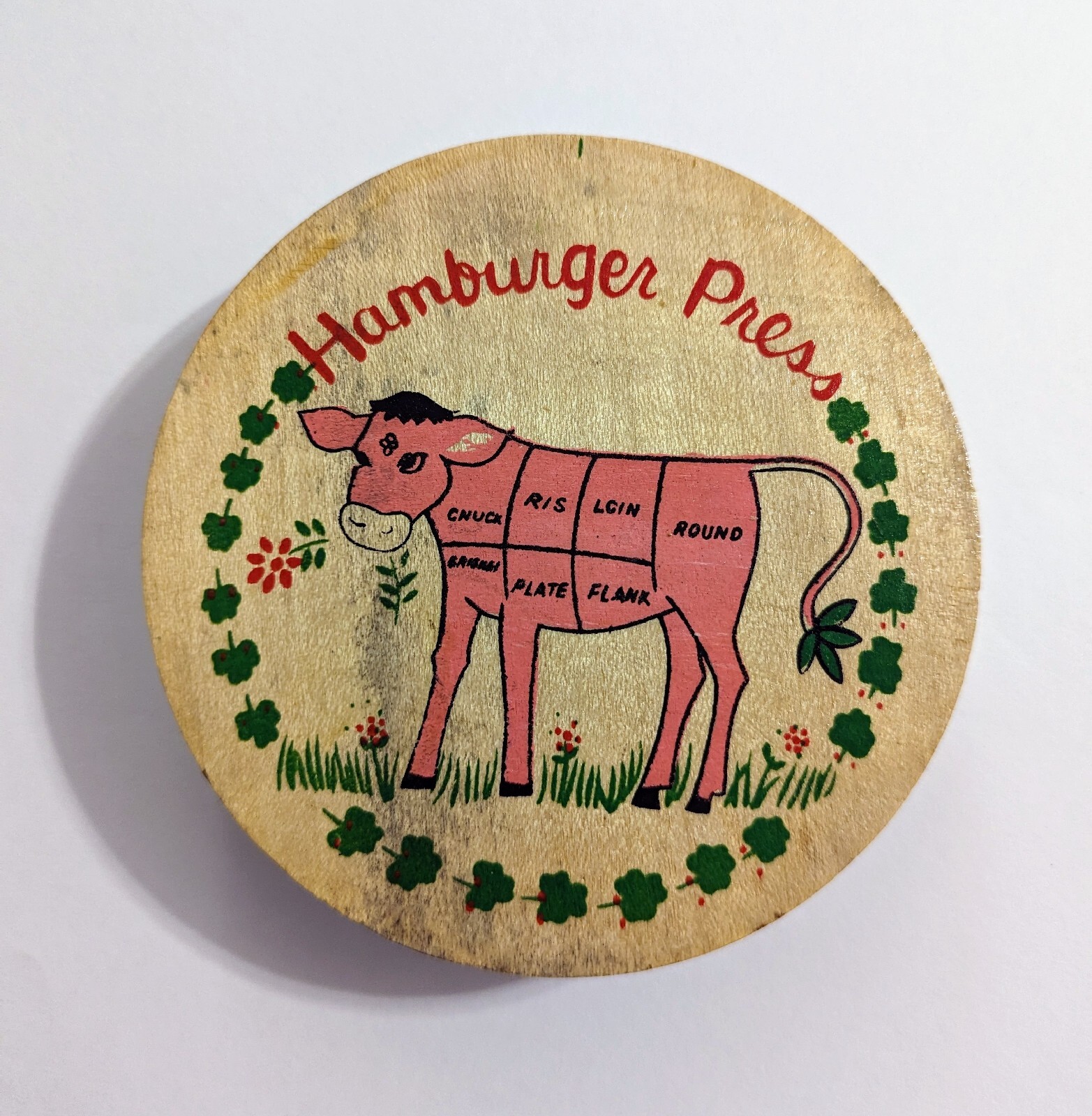 Vtg Wooden Hamburger Patty Press - Cow Painted Kitchen Tool - Granycore Animal gallery