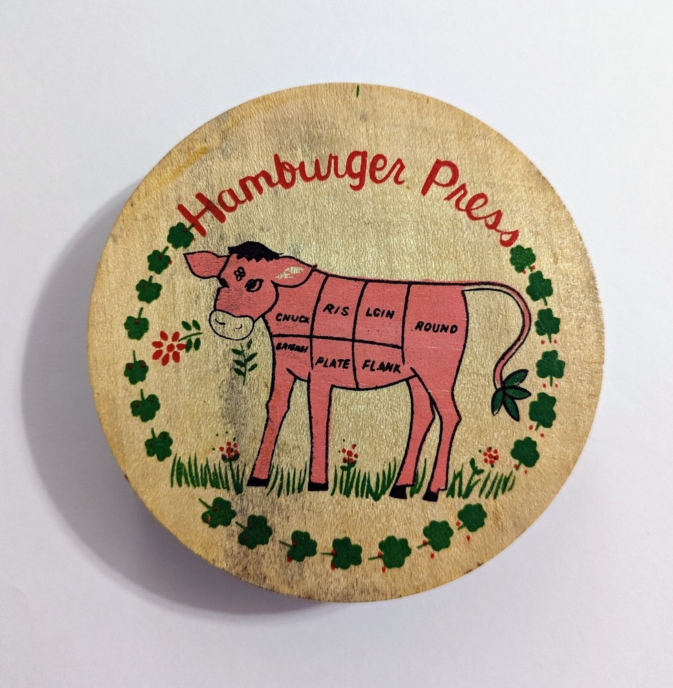 Vtg Wooden Hamburger Patty Press - Cow Painted Kitchen Tool - Granycore Animal