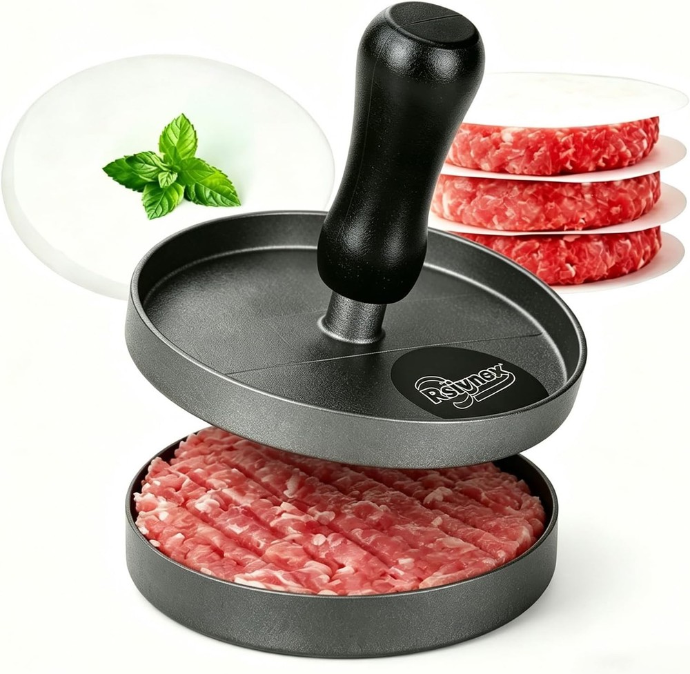 Burger Press Patty Maker Non-Stick Aluminum Hamburger Mold W/ 100 Patty Papers