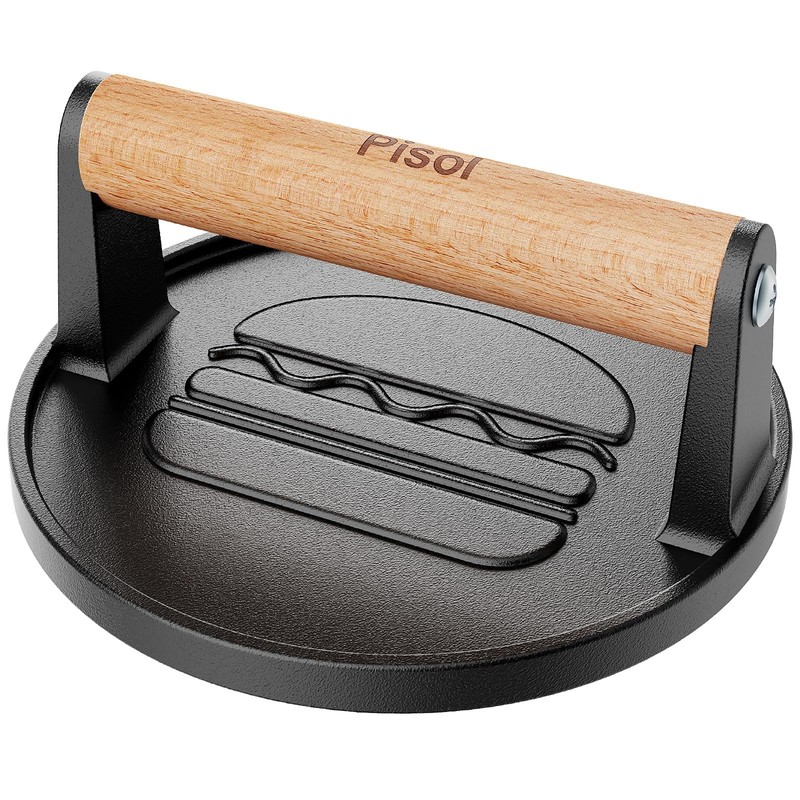 Pisol Smash Burger Press, Pre-Seasoned Cast Iron Hamburger Smasher, 2 Round gallery