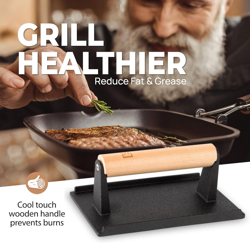 Cast Iron Grill Press (Set of 2) - 8 X 4 Inch, 2.6 Lb Griddle Press with Cool-To gallery