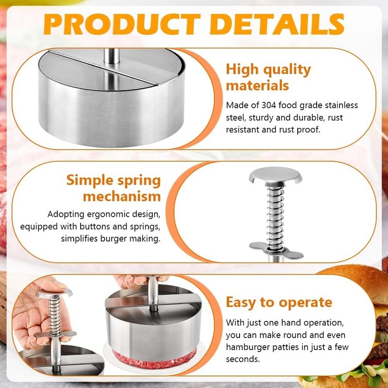 304 Stainless Steel Burger Press 4.45inch Adjustable Hamburger Patty Maker gallery