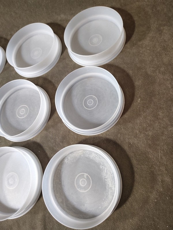 Vintage Tupperware 4" Hamburger Patty Press / Ring & 10 Freezer Keepers w/ Lid gallery