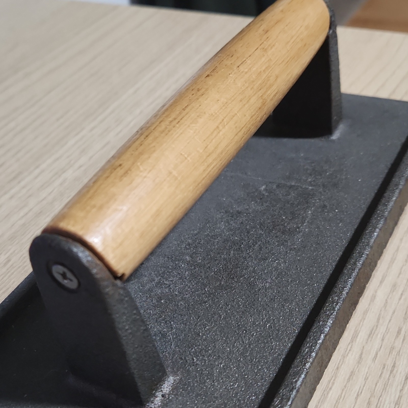 Cast Iron Grill Press Large Non-Stick Textured Base Wooden Handle Black Brown gallery