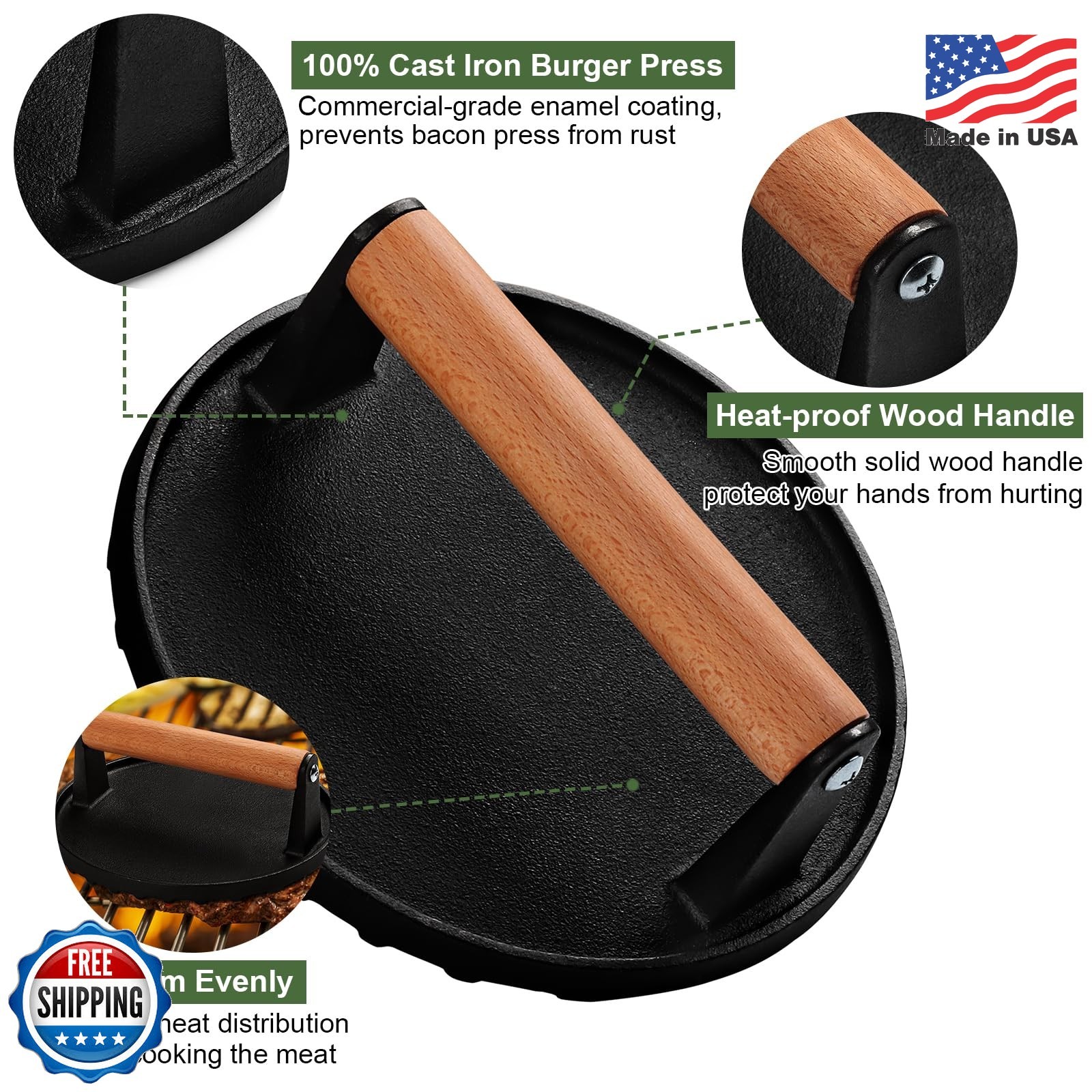 EWFEN Burger Press, 7" Round Heavy-Duty Cast Iron Smash Bacon Press Meat Steak w gallery