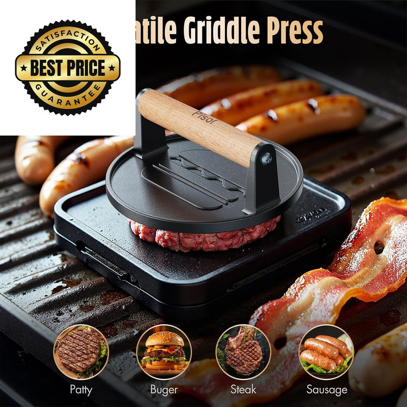 Pisol Smash Burger Press, Pre-Seasoned Cast Iron Hamburger Smasher, 2 Round gallery