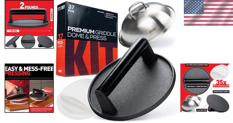 Ultimate Smash Burger Press Kit - 7'' Cast Iron Press with Melting Dome & Papers gallery