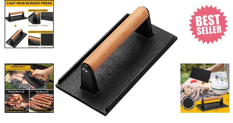 Professional Griddle Press 8.2x4.2In - Heavy Duty Cast Iron with Grooved Base gallery